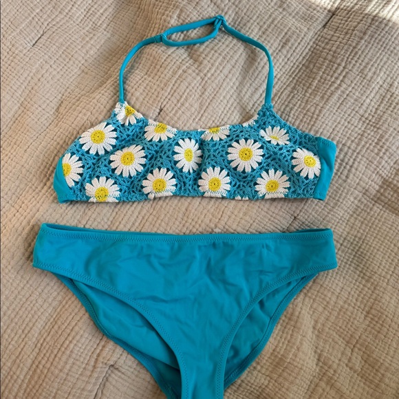 New Daisy Sunflower Crochet Blue Summer Bikini Top and Bottoms Set - Picture 2 of 4